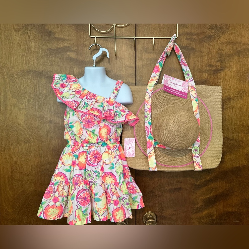 Tommy Bahama Girls XS 4 Ruffle Top & Skirt Set w/ Straw Hat & Tote Fruit Print